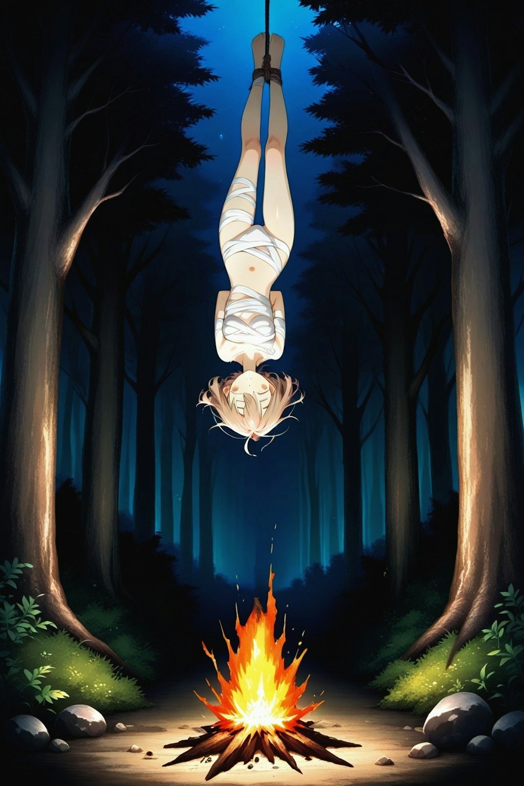 焚き火の上で逆さ吊り