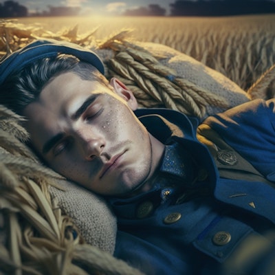 レスランド国　穀物をベッド代わりに眠る若い農夫