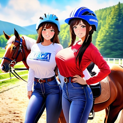 日本旅行　～北海道の馬牧場で、乗馬体験の記念撮影中～