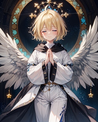 目を閉じて祈る天使の羽根のシスター