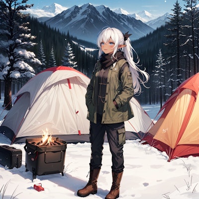 冬キャンプ中のダークエルフ
