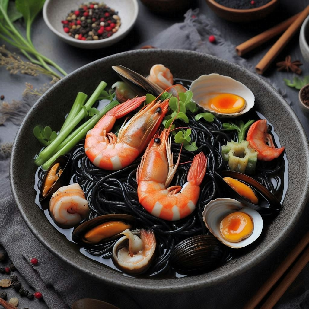 黒いseafood noodle