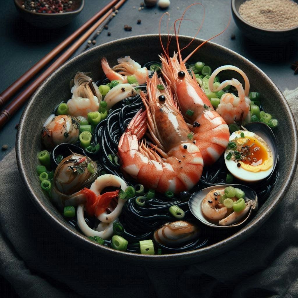 黒いseafood noodle