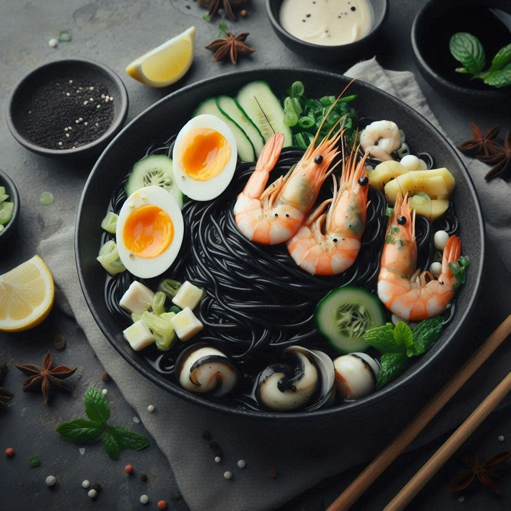 黒いseafood noodle