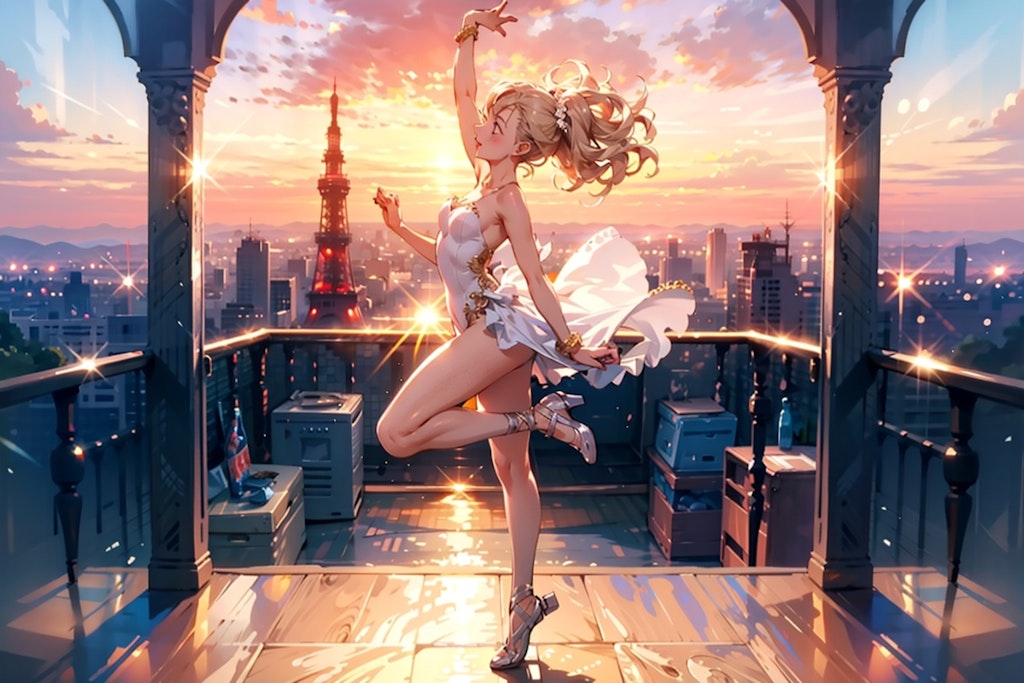 東京タワーの見える高いところで片足でバランスをとる女の子