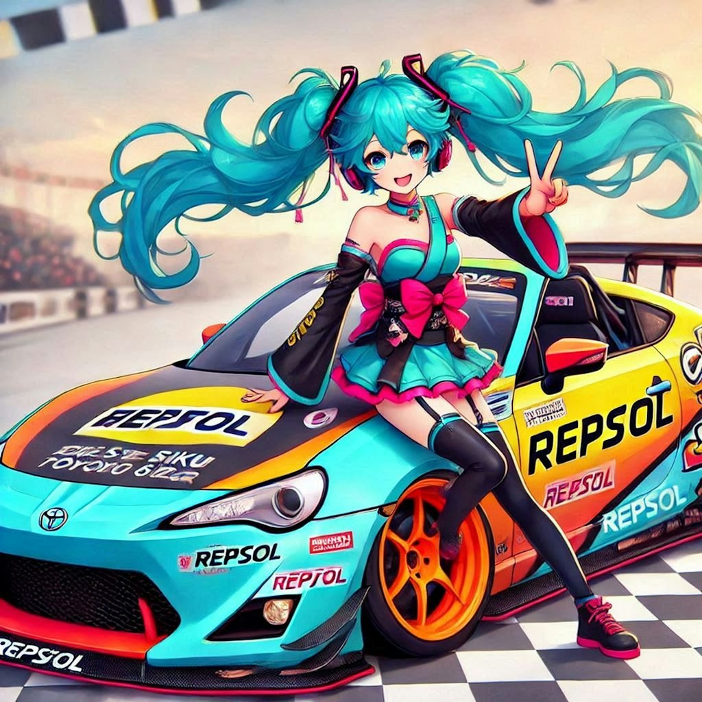 初音ミクとレプソルカラートヨタ86オープンカーのドリ車