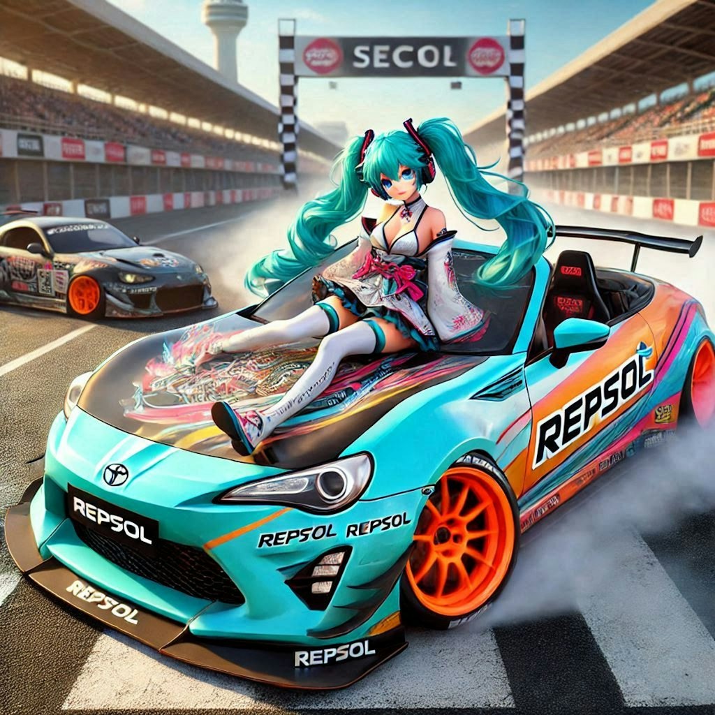 初音ミクとレプソルカラートヨタ86オープンカーのドリ車