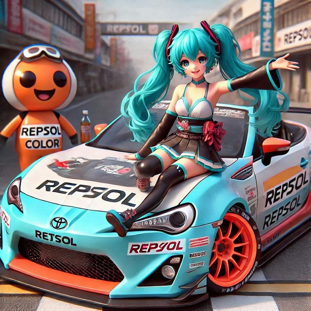 初音ミクとレプソルカラートヨタ86オープンカーのドリ車