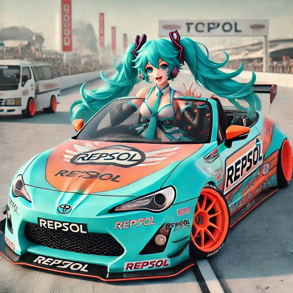 初音ミクとレプソルカラートヨタ86オープンカーのドリ車