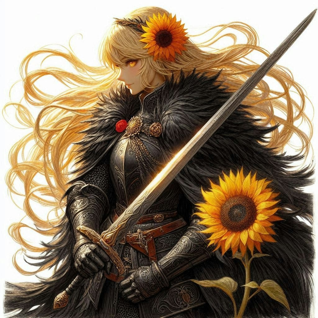 (油絵風)向日葵とブロンドの女騎士さん