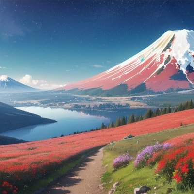 赤富士と青富士を高原から望む。