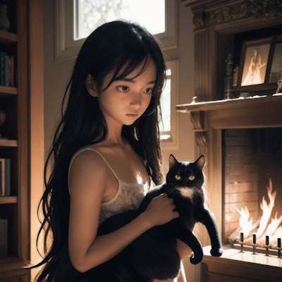 暖炉と黒猫