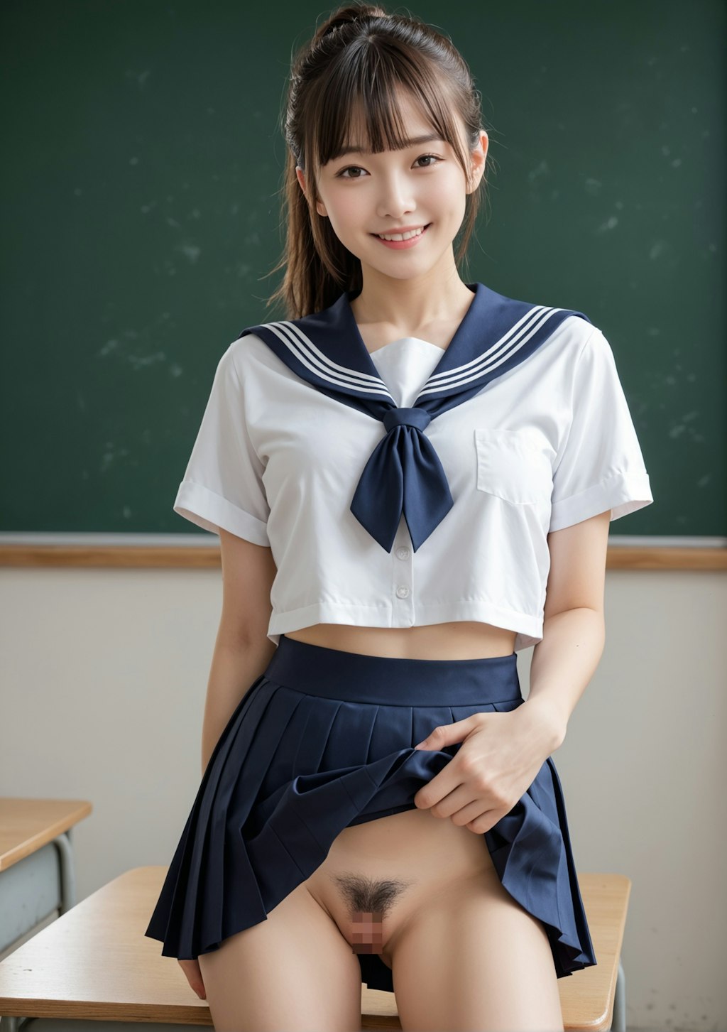 セーラー服でたくし上げ陰毛