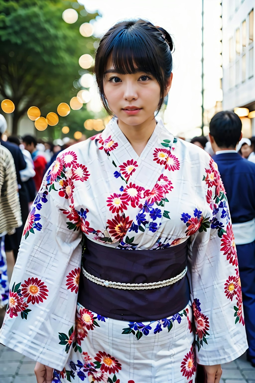 浴衣女子（夏祭り、花火、星空）