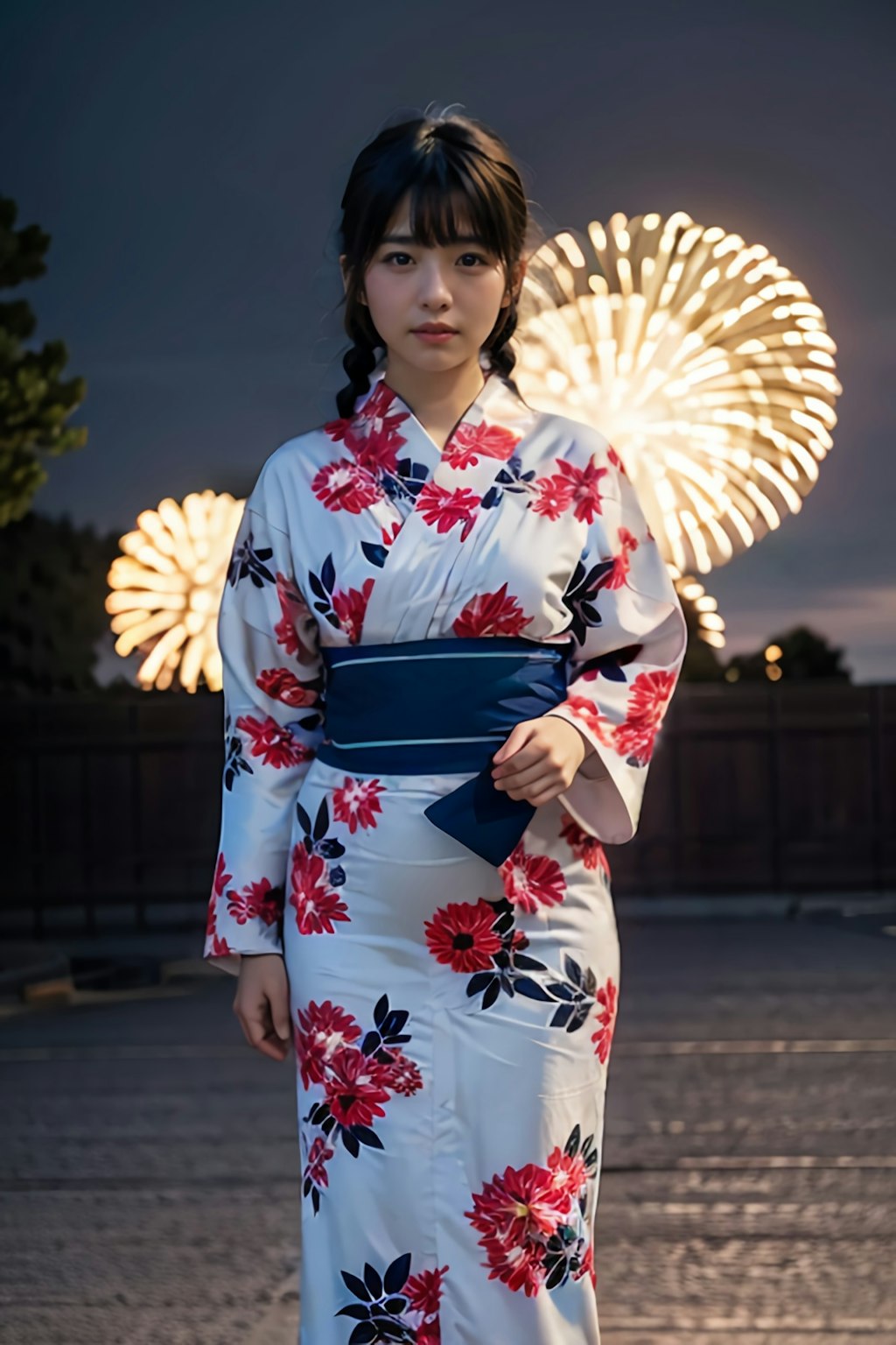 浴衣女子（夏祭り、花火、星空）