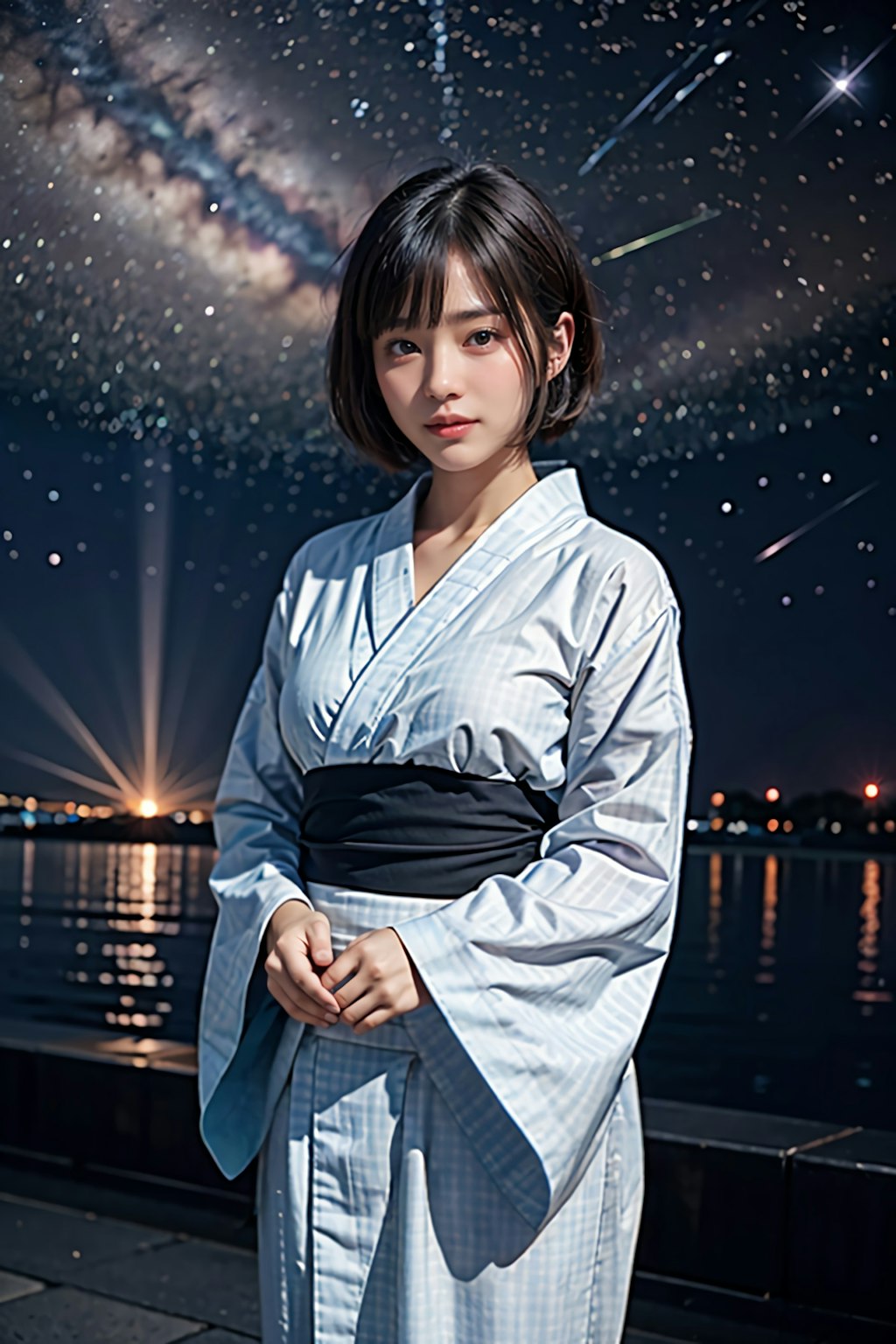 浴衣女子（夏祭り、花火、星空）