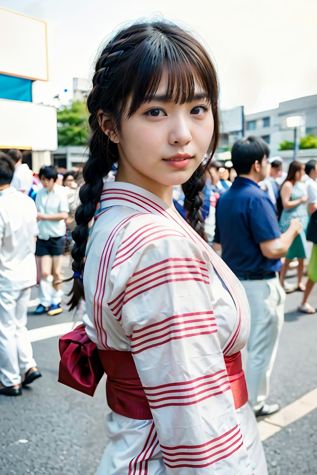 浴衣女子（夏祭り、花火、星空）