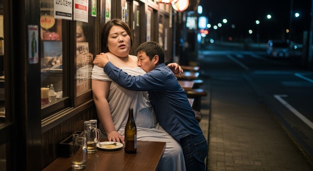 酔った巨体に介抱するふりして抱きつく男