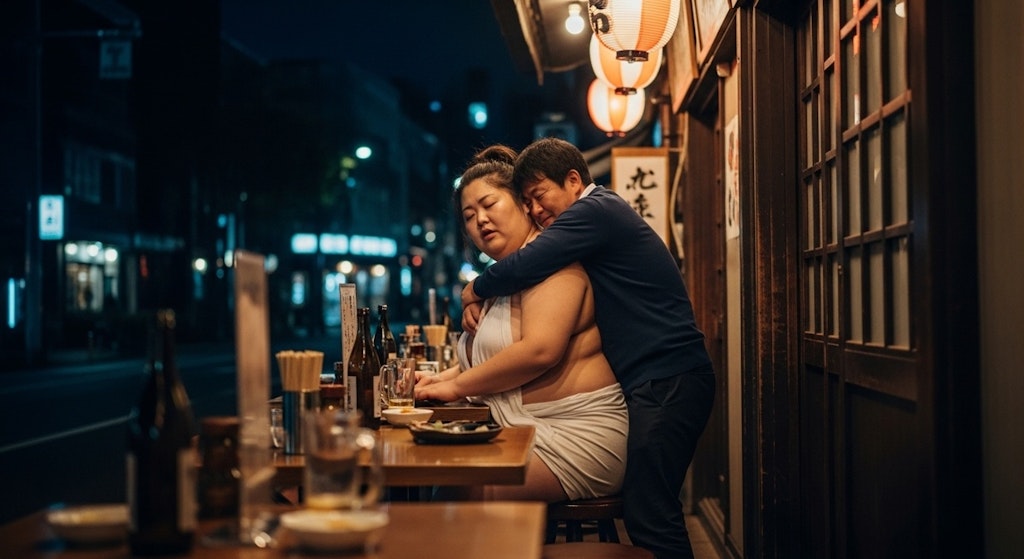 酔った巨体に介抱するふりして抱きつく男