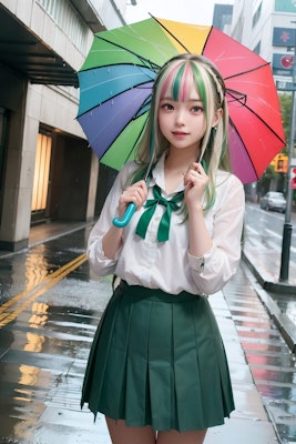ひどい雨の中、歩く女子高生