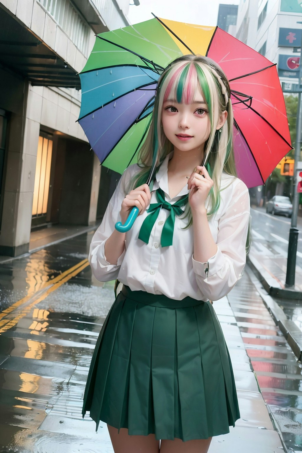 ひどい雨の中、歩く女子高生
