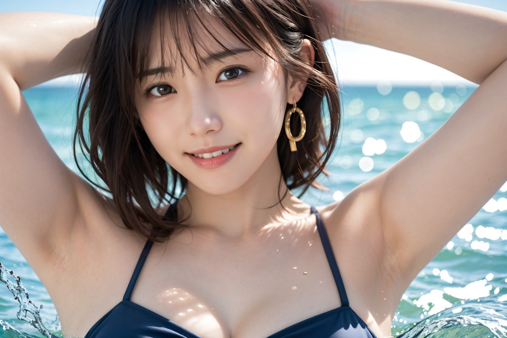 夏の海と水着の女性