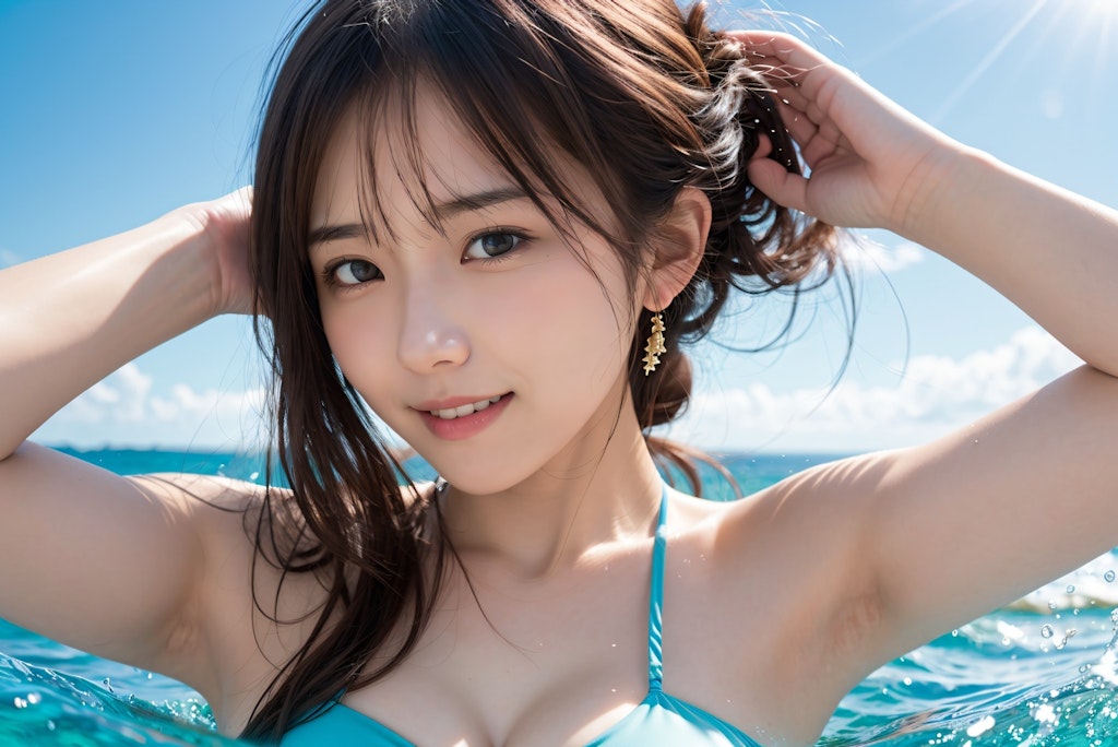 夏の海と水着の女性
