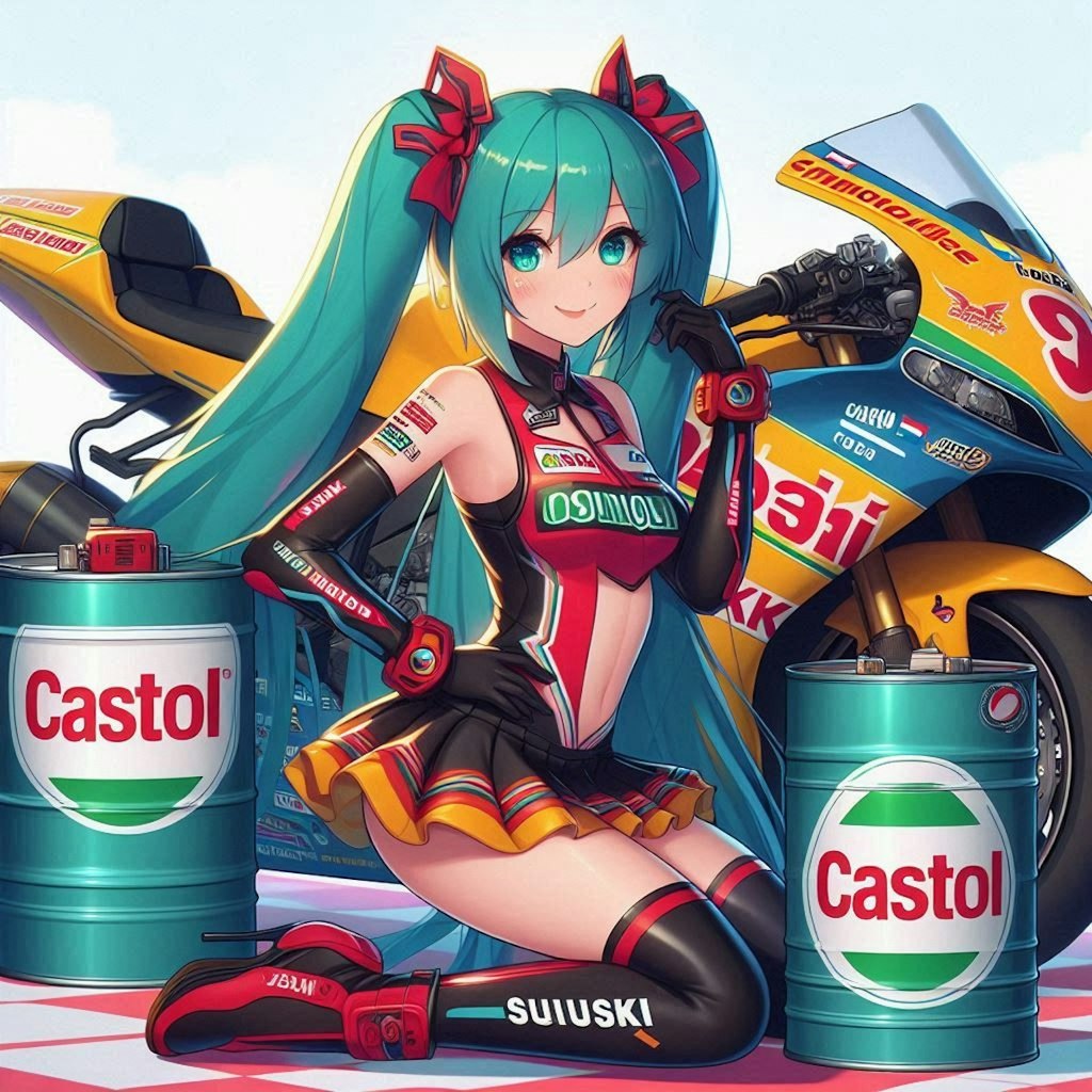 カストロールカラースズキ隼レーシングバイクとチアガール初音ミク