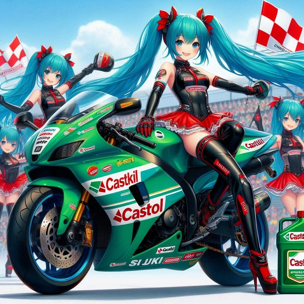 カストロールカラースズキ隼レーシングバイクとチアガール初音ミク