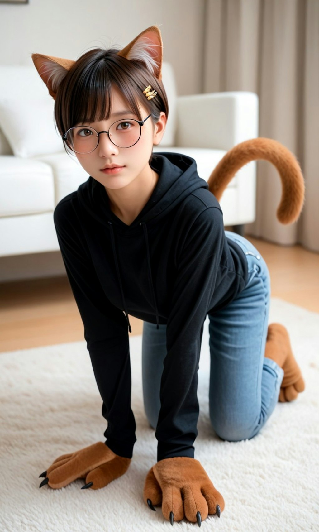 猫コスプレの丸メガネ少女