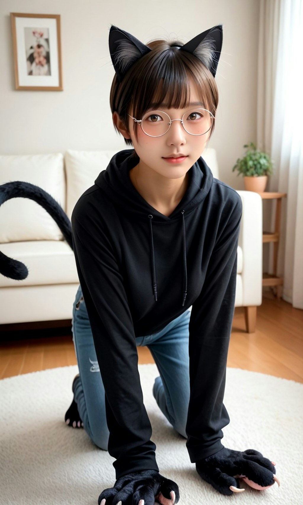 猫コスプレの丸メガネ少女