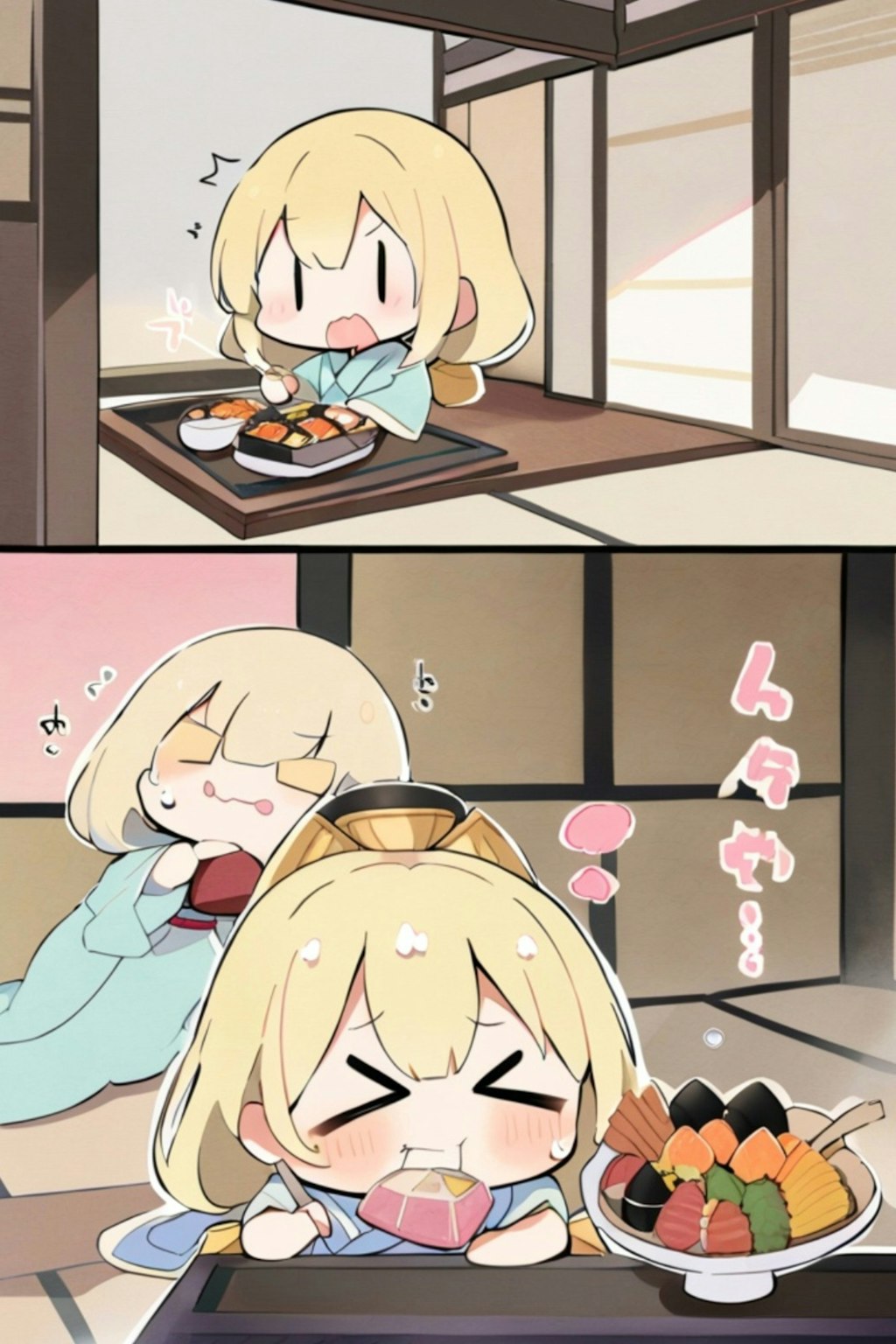 おせちを食べる金髪ちゃん