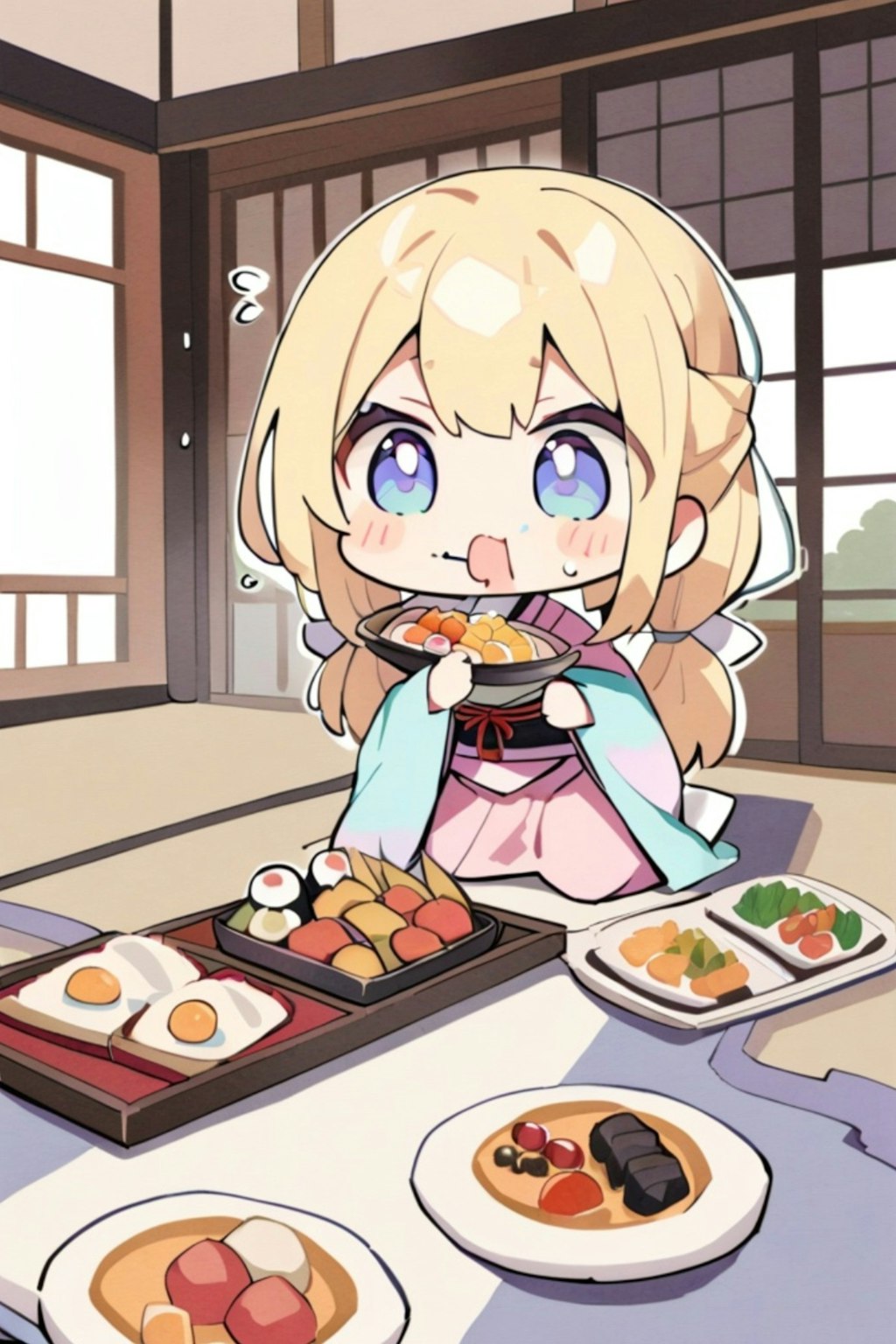 おせちを食べる金髪ちゃん