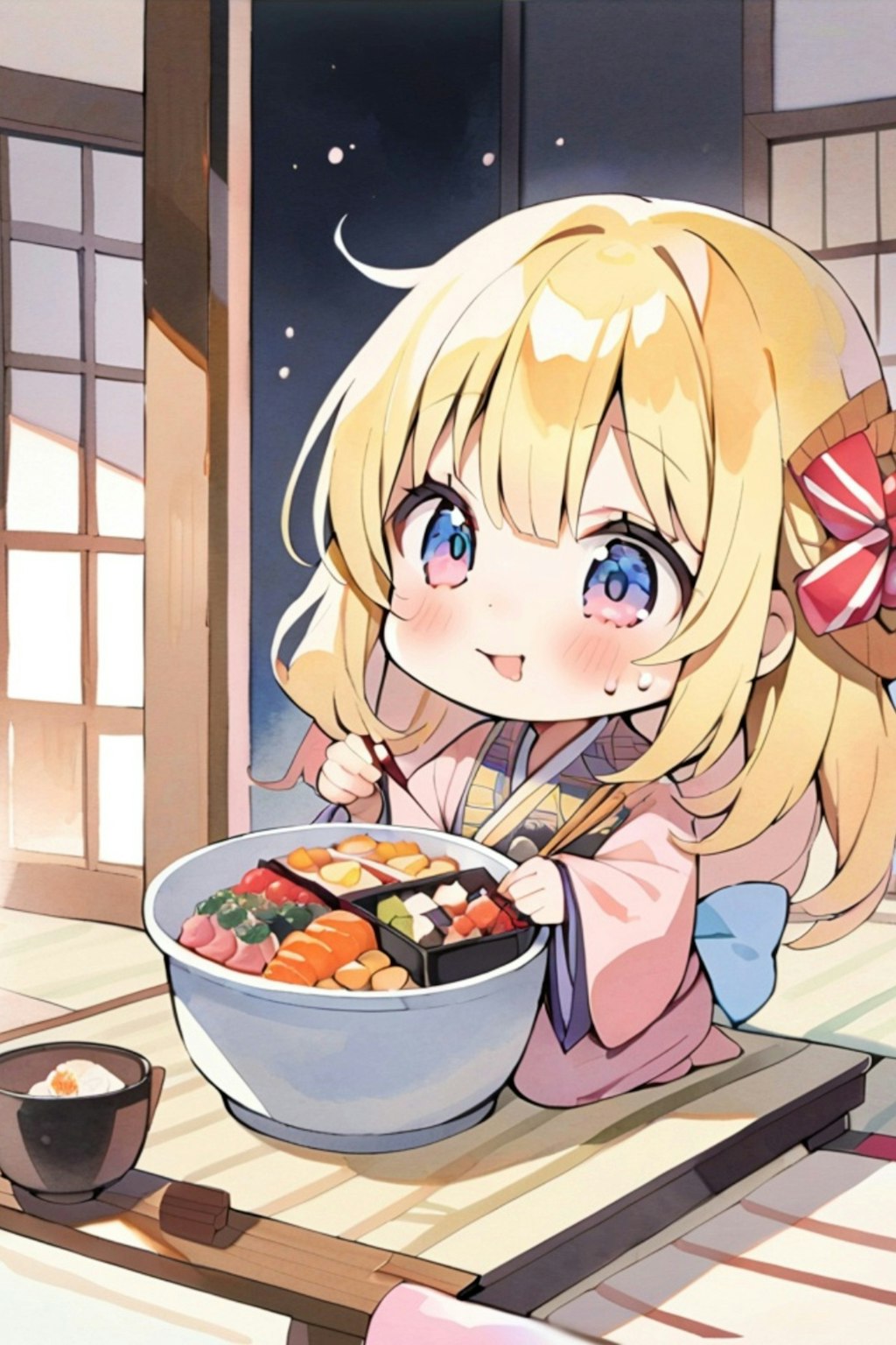 おせちを食べる金髪ちゃん