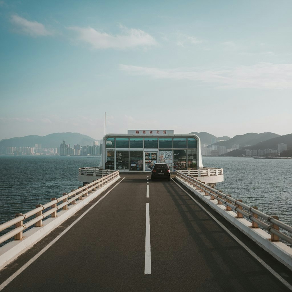 海の上の道路とコンビニ