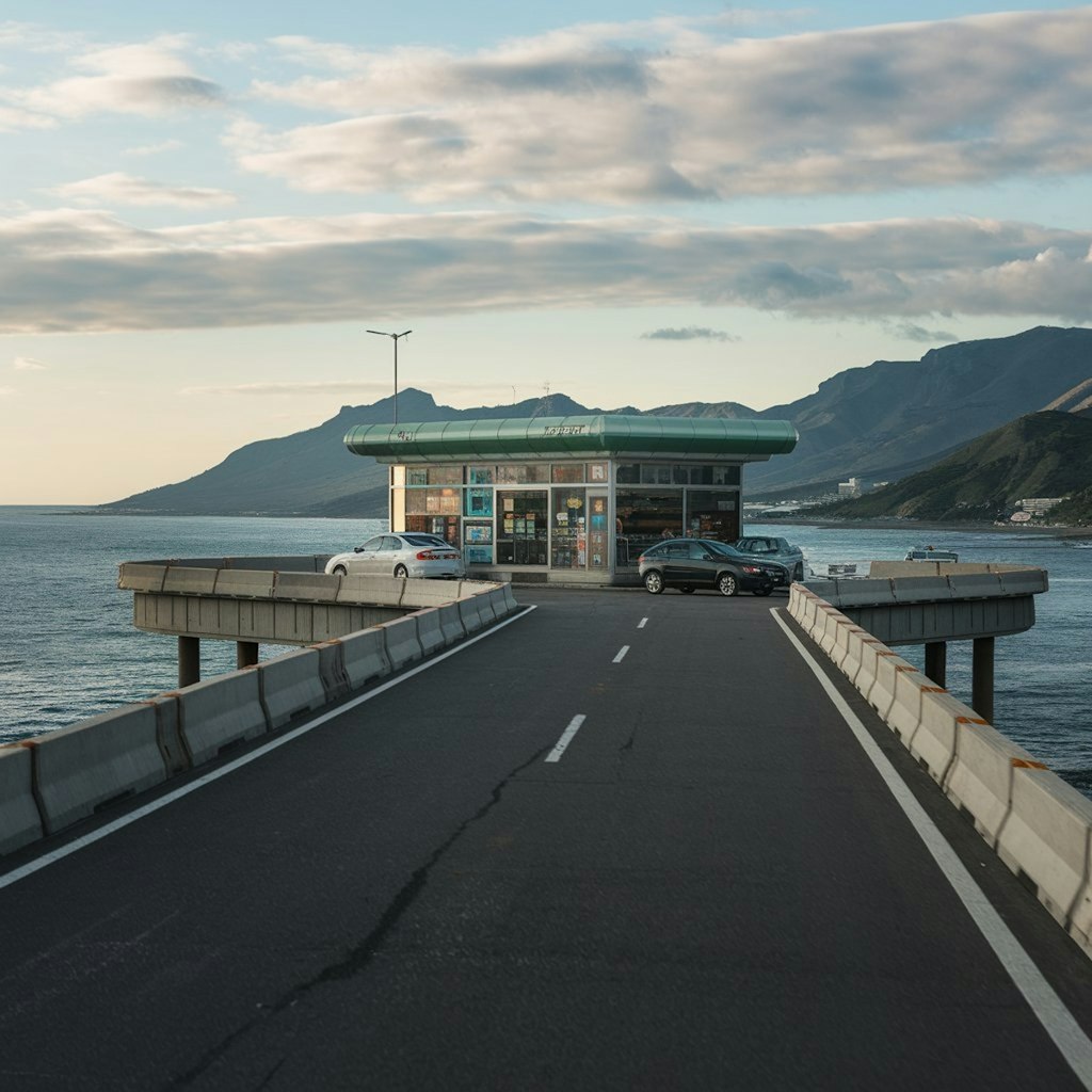 海の上の道路とコンビニ