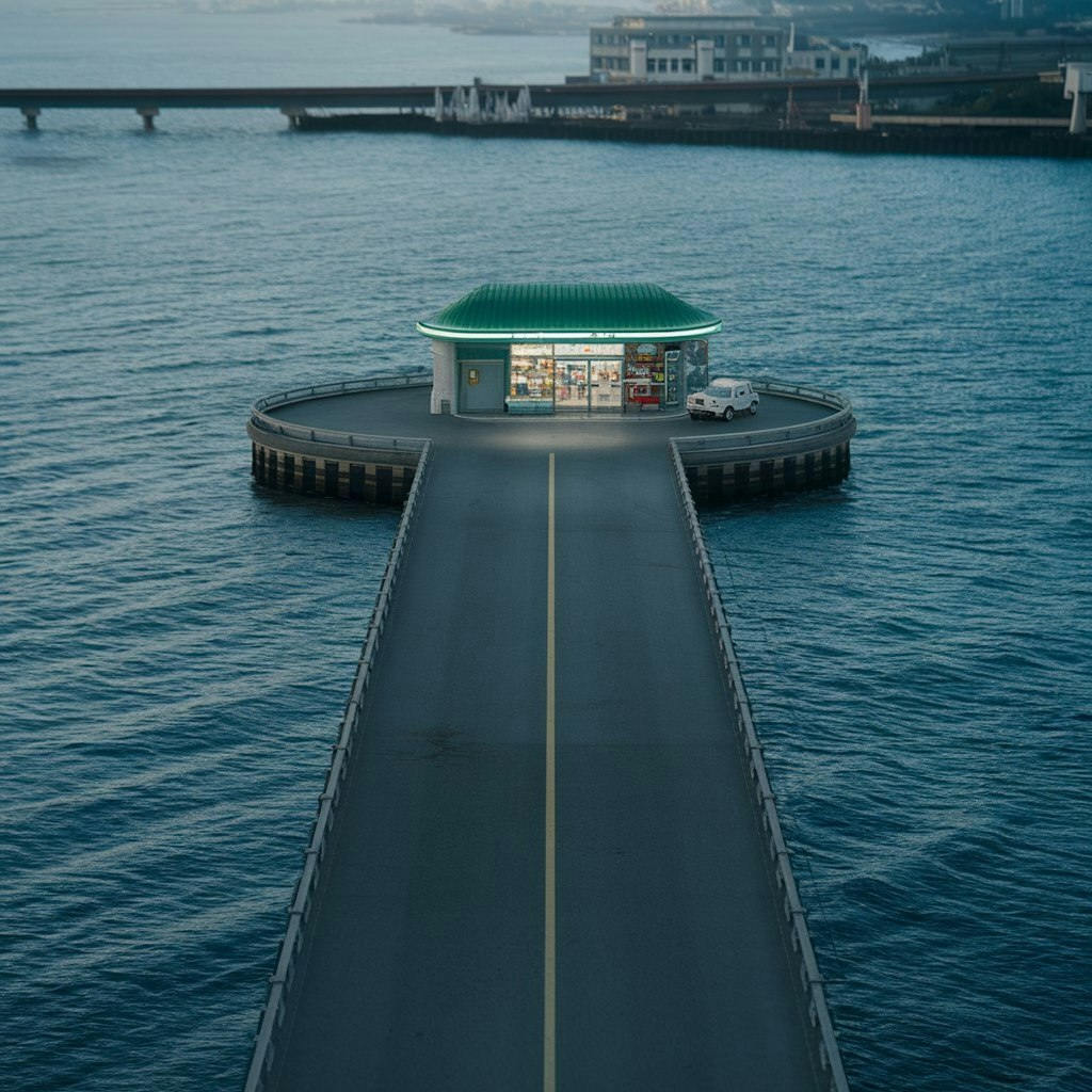 海の上の道路とコンビニ