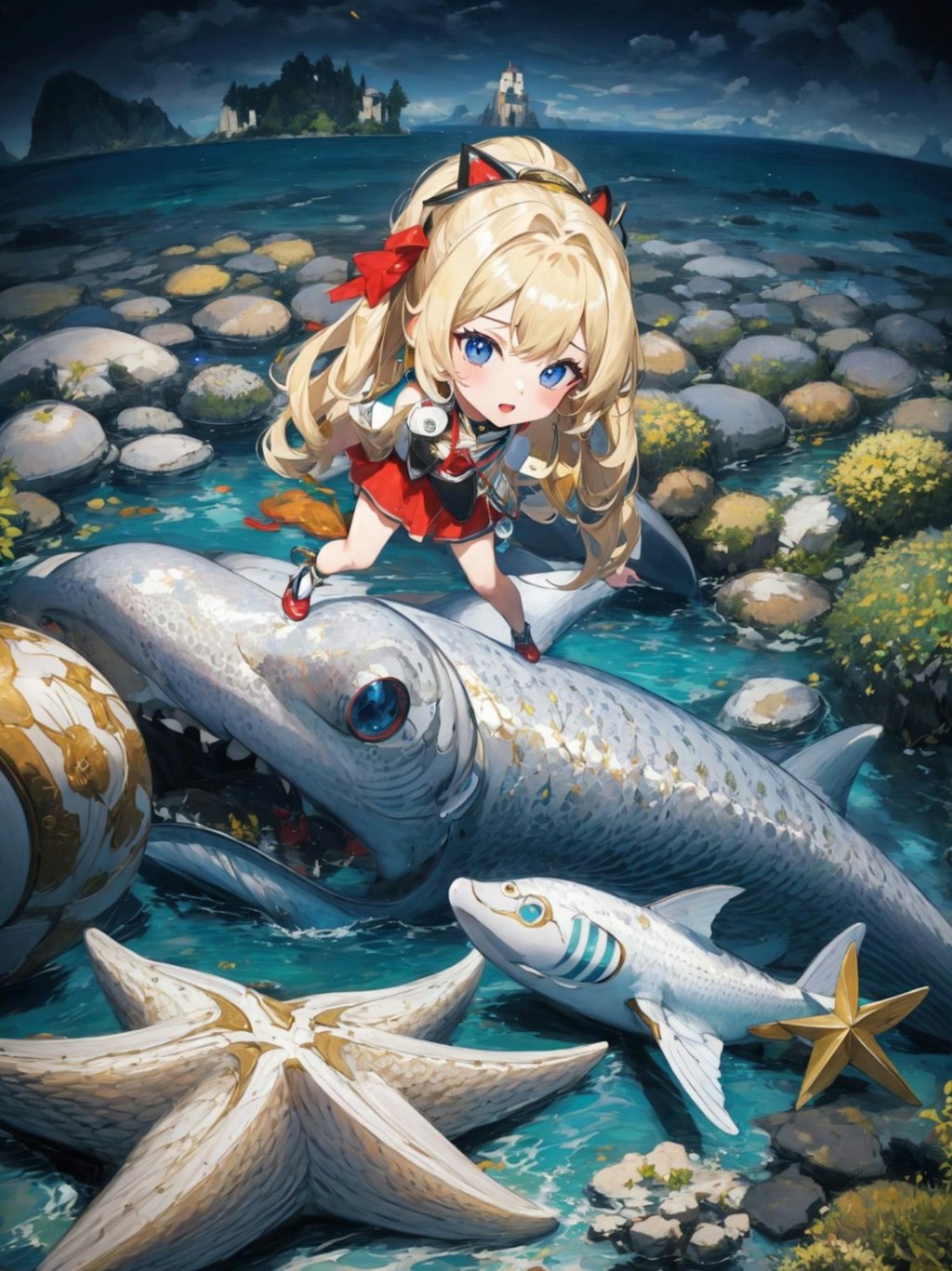 海の生物と金髪ちゃん