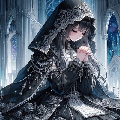 夜の大聖堂で祈り捧げる少女
