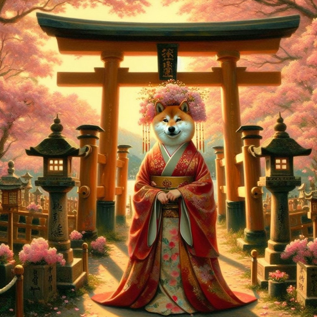 アクリル風 　春の神社　#巫女　柴犬