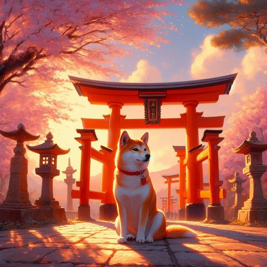 アクリル風 　春の神社　#巫女　柴犬