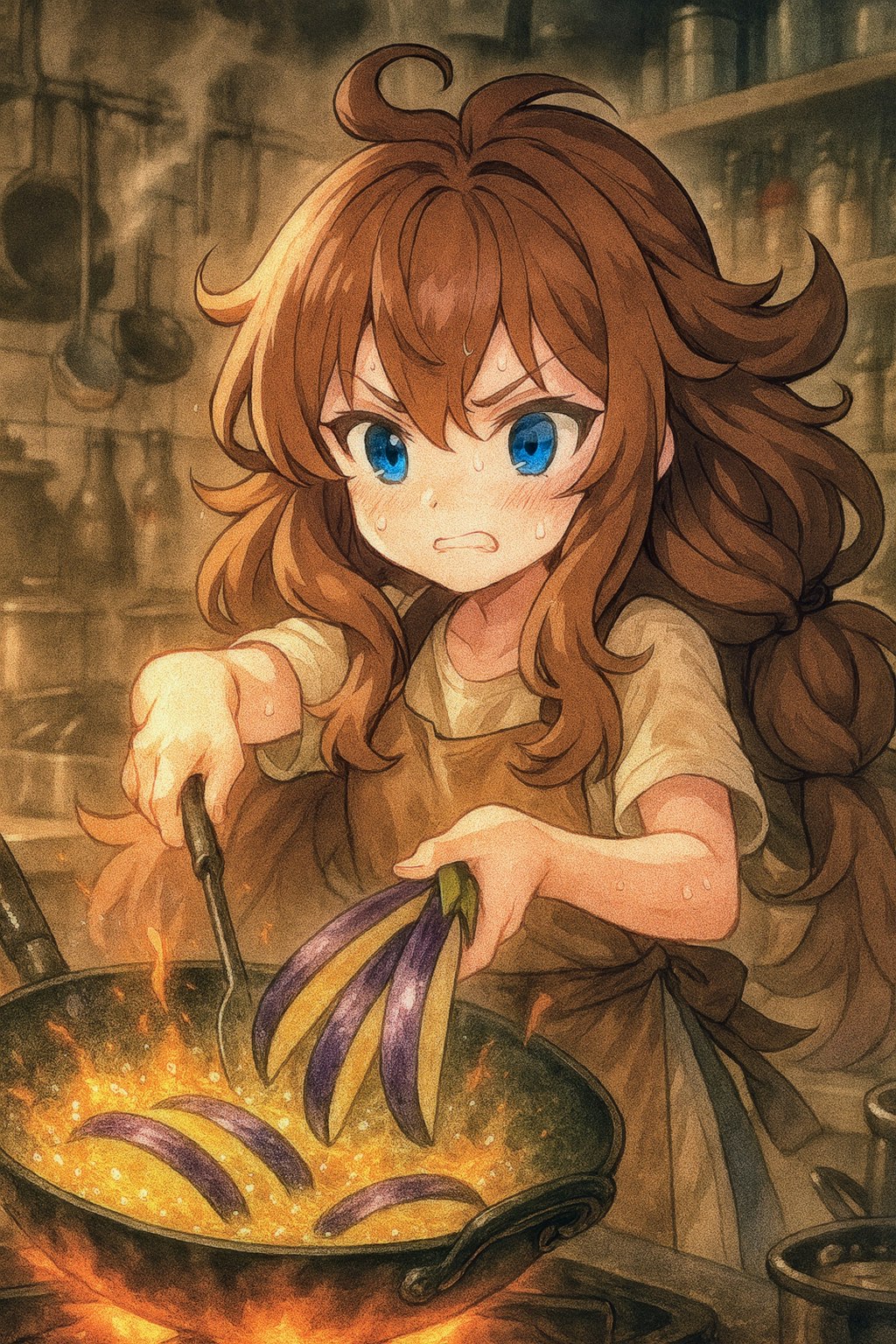 真剣に料理を作るビール缶と小さな女の子