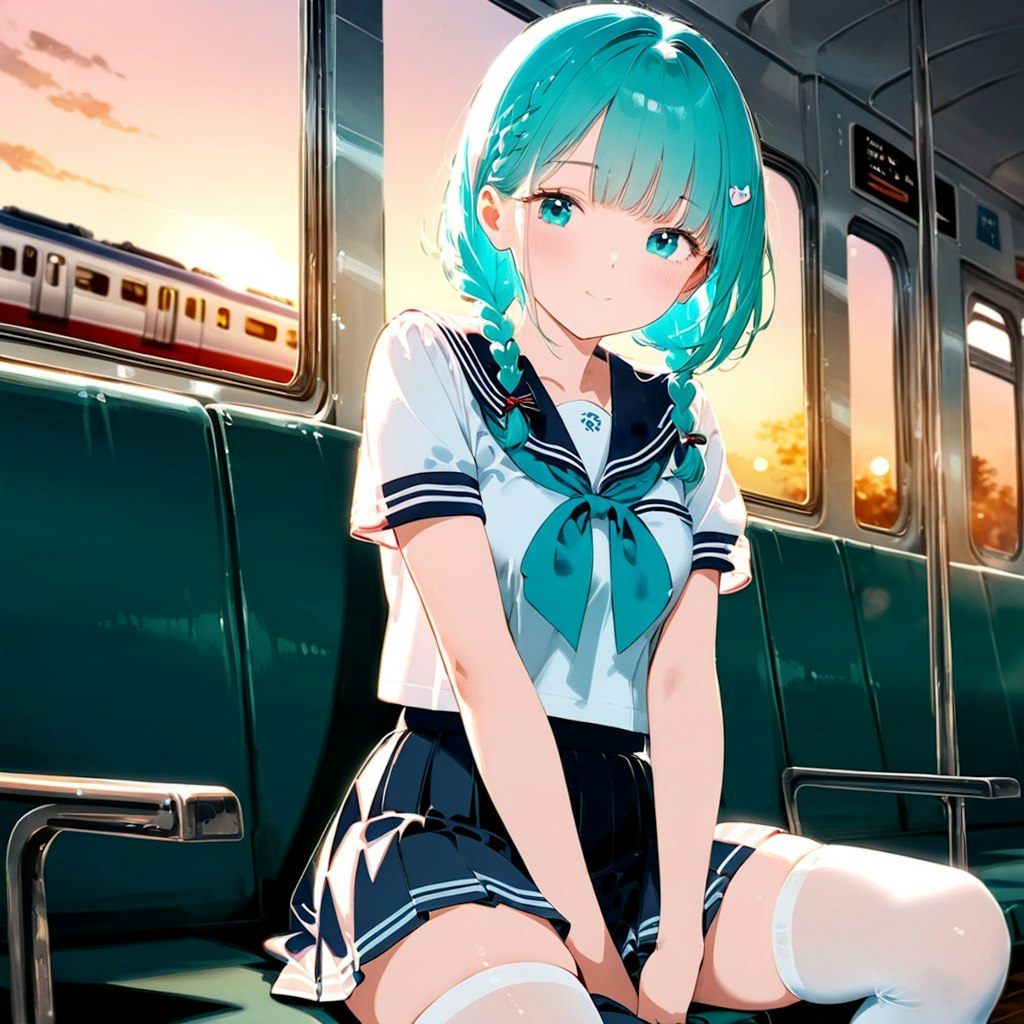 青髪の少女と夕暮れの電車内