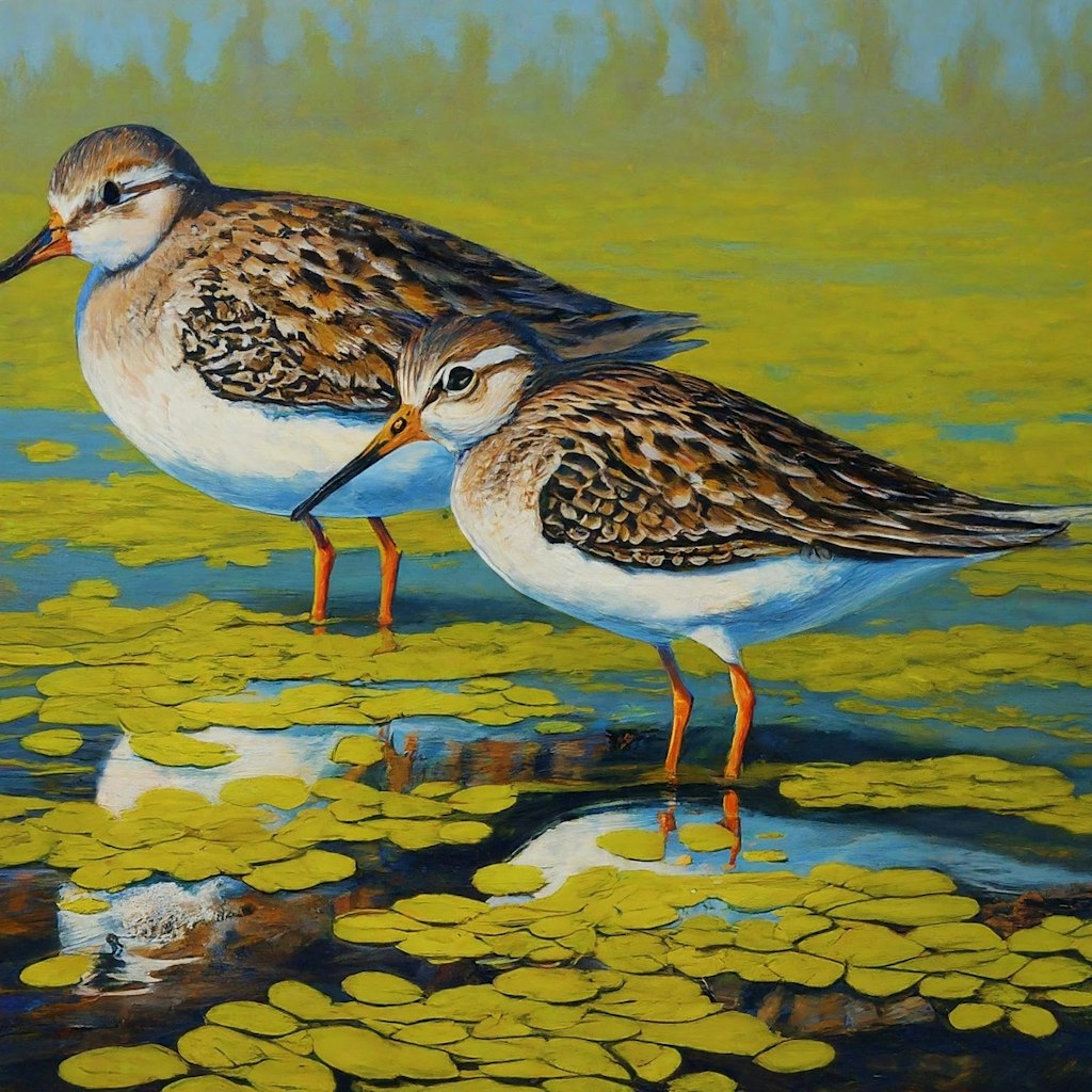 Shorebirds in duckweed pond