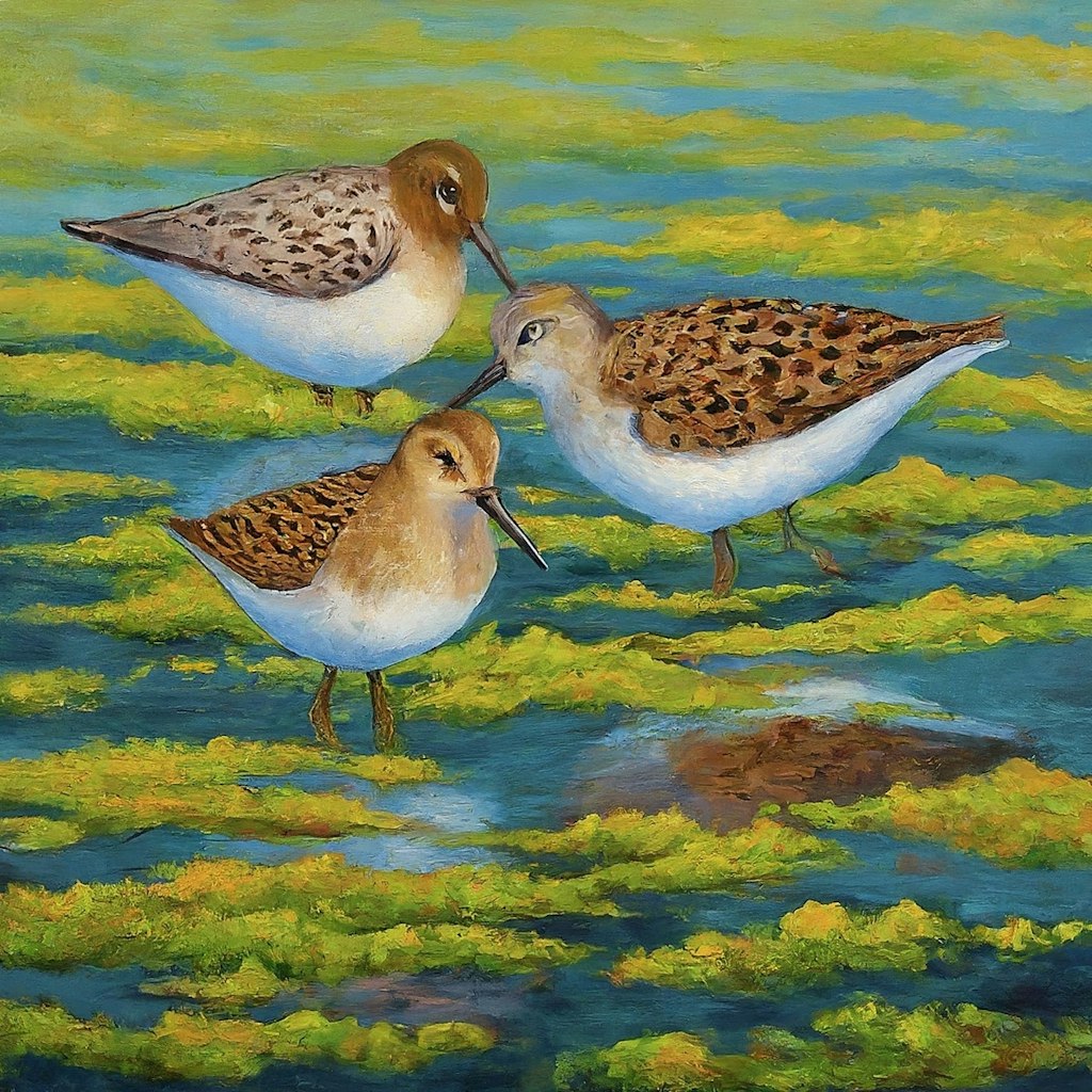 Shorebirds in duckweed pond