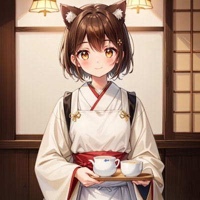 和服で茶を運ぶ喫茶店で働く猫娘