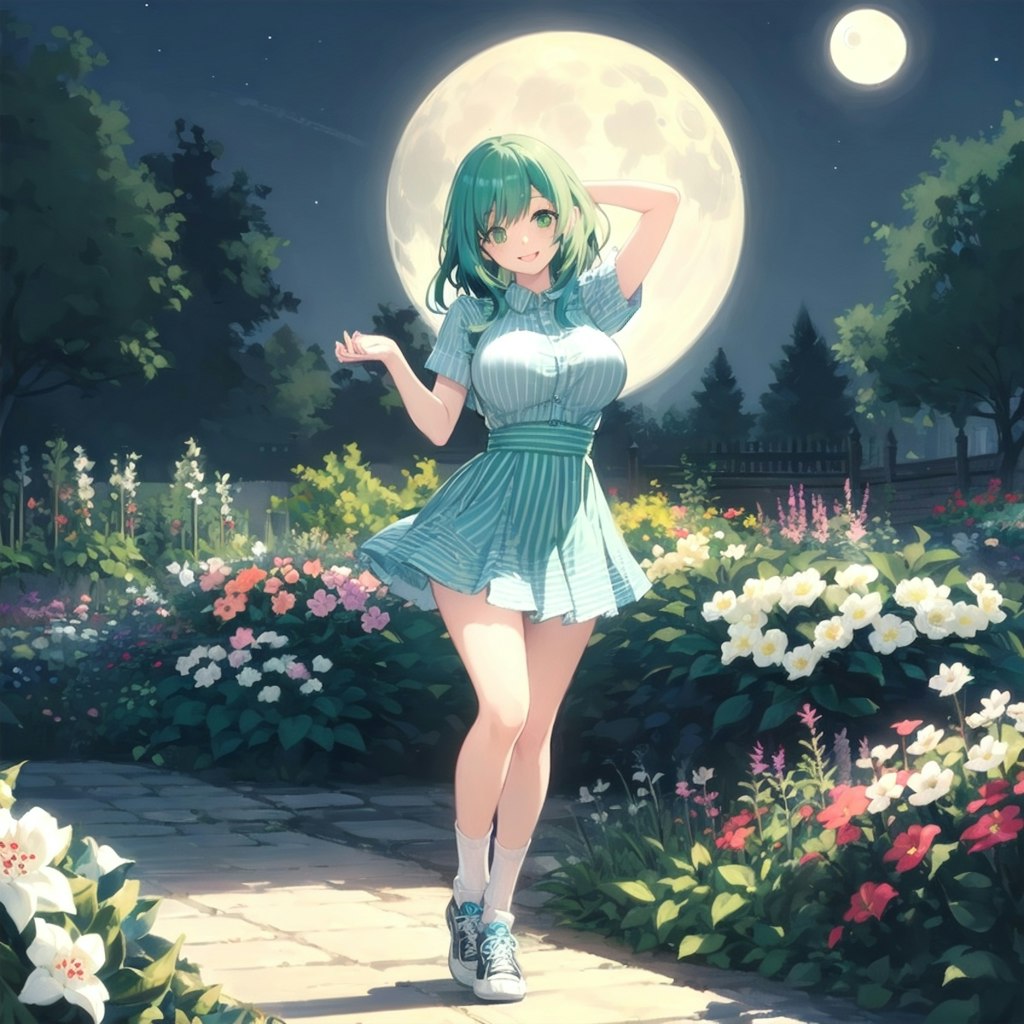 夜の庭園を歩く女の子
