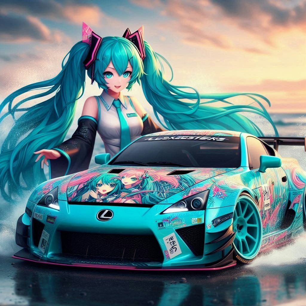 初音ミクカラーのレクサスLFAのドリ車