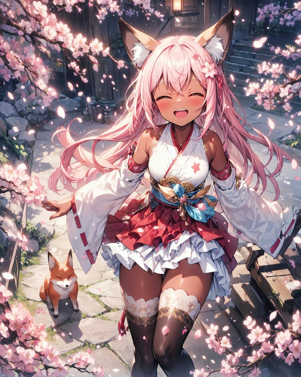 桜にはしゃぐ狐娘