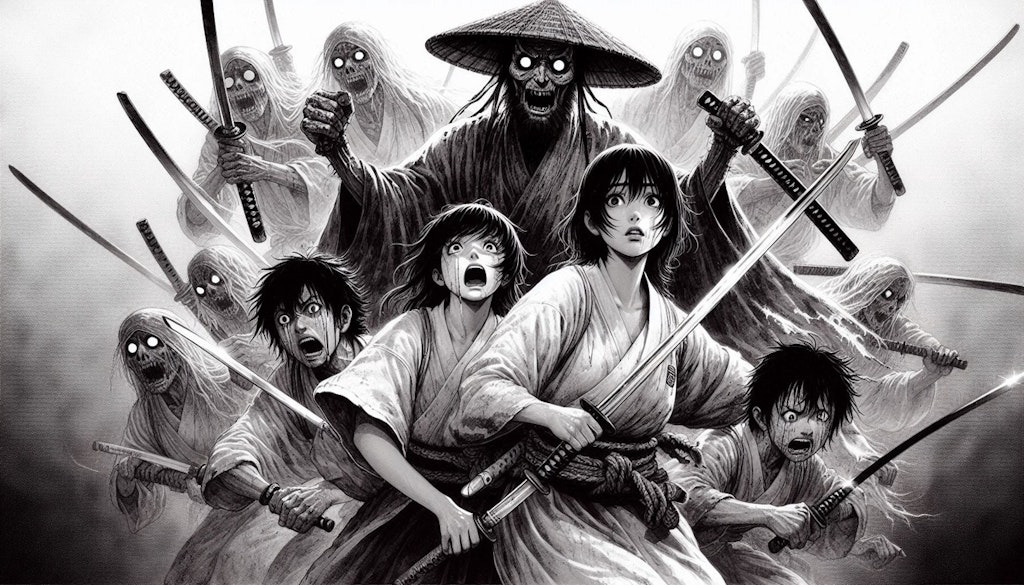 旅の若き侍！悪鬼が潜む閉鎖的な村から子供達を救え！！・・（チャンバラ活劇より推理探偵モノを目指したイラストです（探偵役が旅の侍））